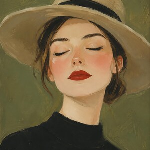 May include: An oil painting of a person with closed eyes, wearing a wide-brimmed beige hat with a black band and a black high-neck shirt. The person has rosy cheeks and bright red lipstick, set against a textured olive green background.