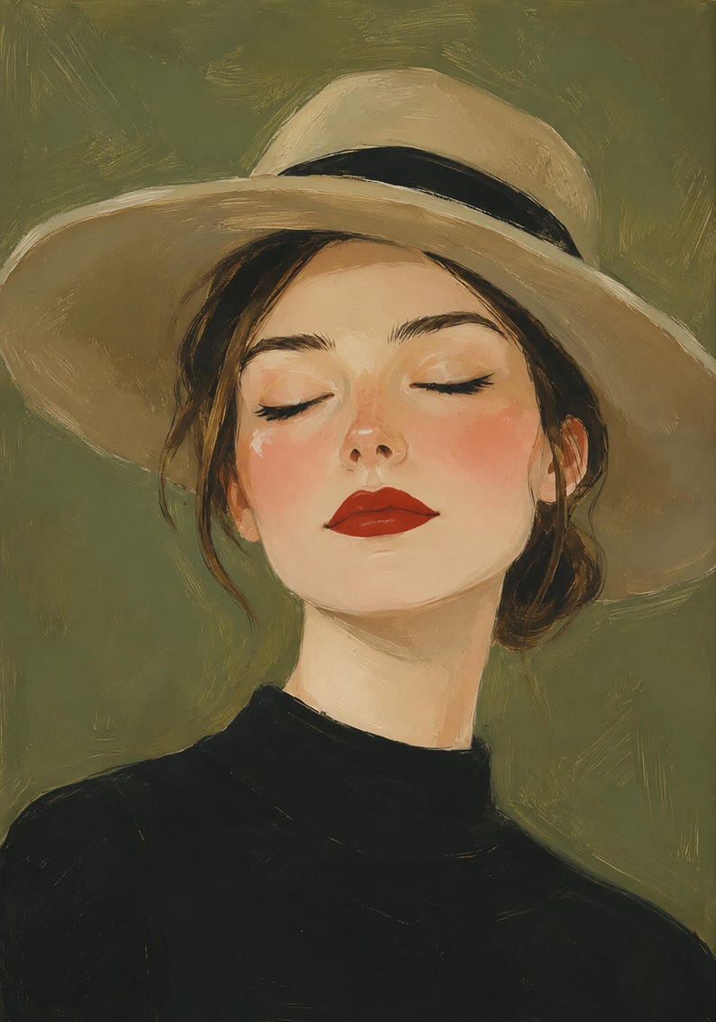 May include: An oil painting of a person with closed eyes, wearing a wide-brimmed beige hat with a black band and a black high-neck shirt. The person has rosy cheeks and bright red lipstick, set against a textured olive green background.