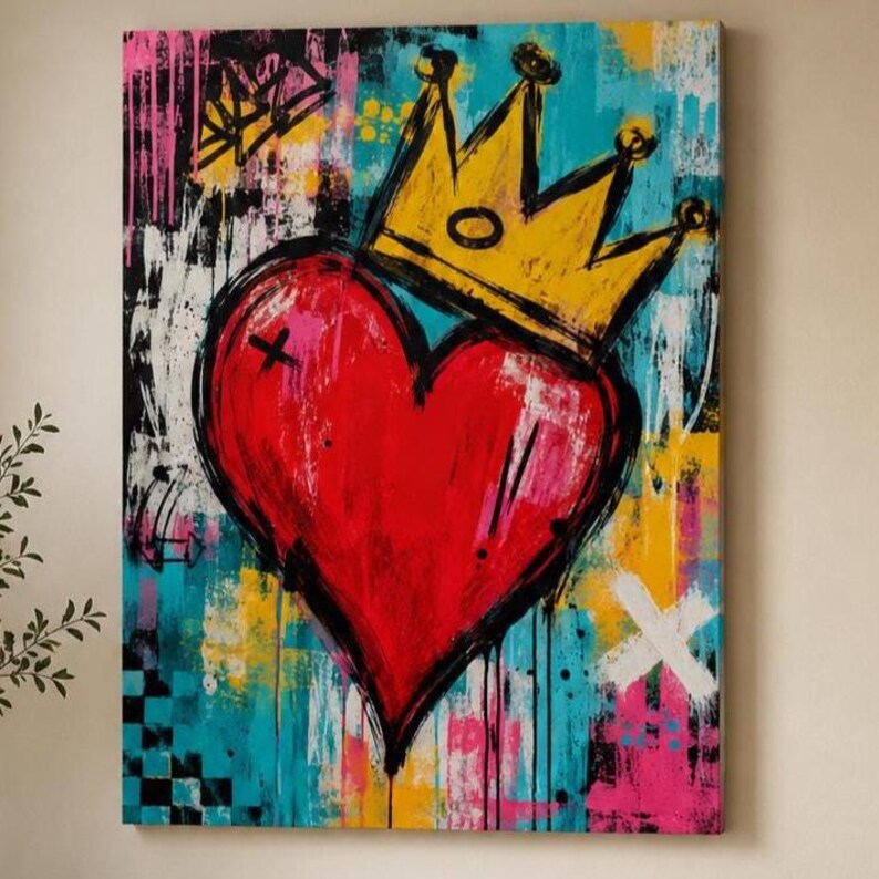 May include: A rectangular canvas wall art piece featuring a large, central red heart topped with a yellow crown. The background is a vibrant mix of teal, yellow, black, and pink paint splatters, drips, and abstract graffiti-style markings.