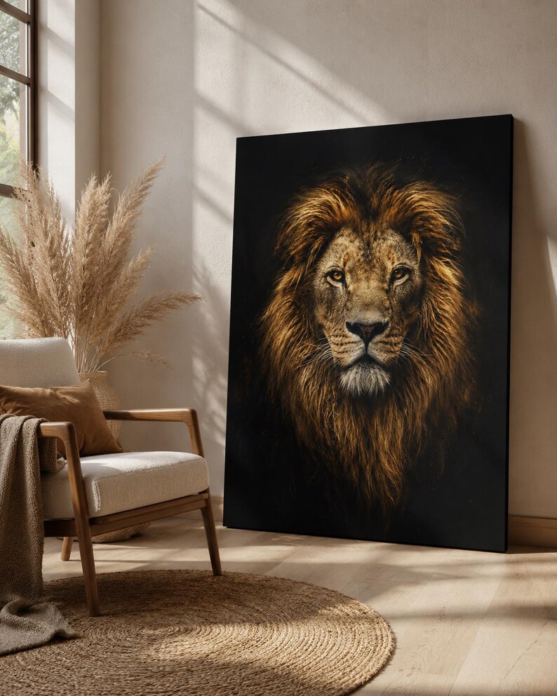 May include: A rectangular wall art print featuring a detailed portrait of a lion with a thick, golden-brown mane against a solid black background. The lion is shown from the chest up, facing forward with amber eyes and a focused expression.