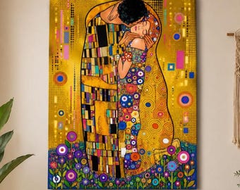 Pareja romántica con oro y flores - estampado romántico de arte mural