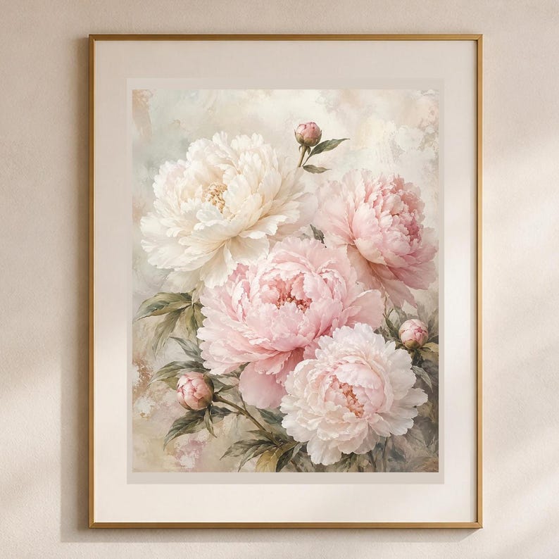 Puede incluir: Una l&aacute;mina de arte enmarcada que presenta una pintura en acuarela de un ramo de peon&iacute;as en flor en tonos blancos y rosa suave. El arreglo floral incluye varias flores grandes y abiertas, adem&aacute;s de peque&ntilde;os capullos cerrados con hojas.