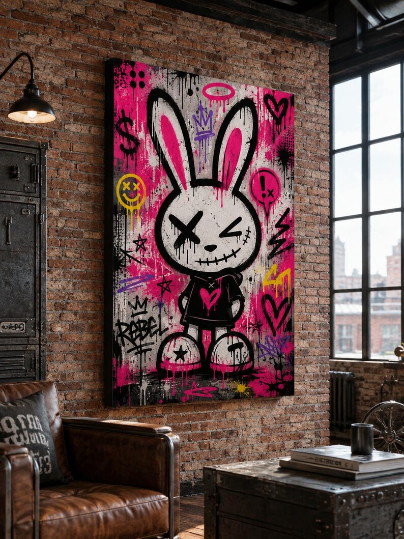 May include: A rectangular wall art canvas featuring a white cartoon rabbit with long ears, wearing a black hoodie with a pink heart. The background is a vibrant pink and black graffiti-style design with symbols including a dollar sign, hearts, and the word Rebel.
