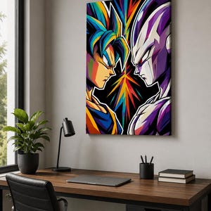 Peut inclure: Une impression sur toile rectangulaire repr&eacute;sentant une illustration stylis&eacute;e et vibrante de deux personnages d'anime se faisant face de profil. Le personnage de gauche a les cheveux bleus, tandis que celui de droite est violet et blanc. Une &eacute;toile color&eacute;e se trouve entre eux.