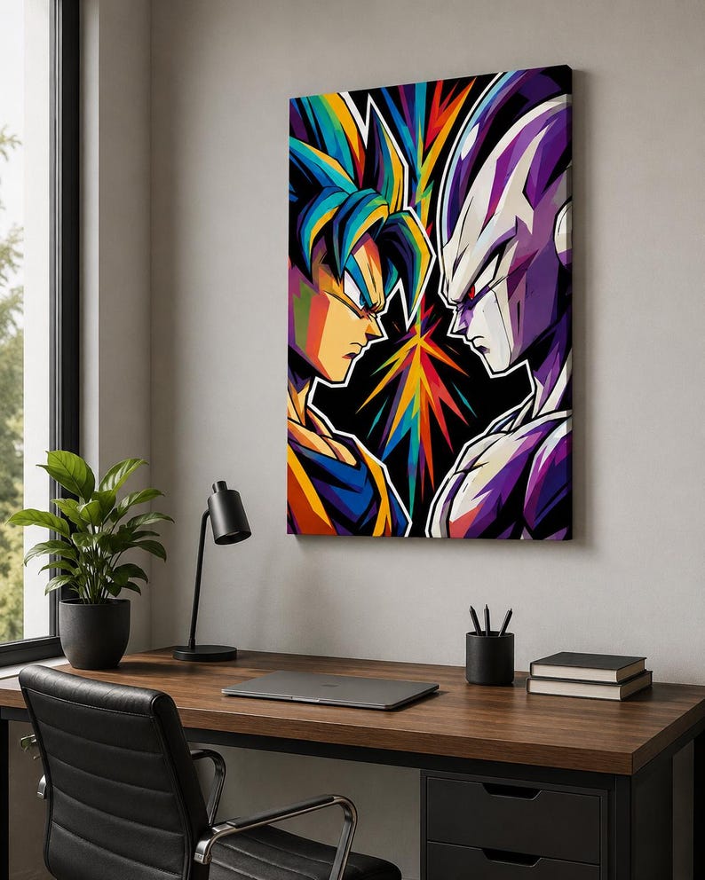 Peut inclure: Une impression sur toile rectangulaire repr&eacute;sentant une illustration stylis&eacute;e et vibrante de deux personnages d'anime se faisant face de profil. Le personnage de gauche a les cheveux bleus, tandis que celui de droite est violet et blanc. Une &eacute;toile color&eacute;e se trouve entre eux.