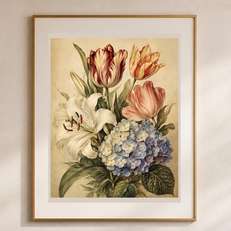 May include: A framed botanical print featuring a bouquet of flowers including a large white lily, a blue hydrangea, and two tulips in shades of red and yellow. The artwork is set against a warm, cream-colored background within a thin gold frame.