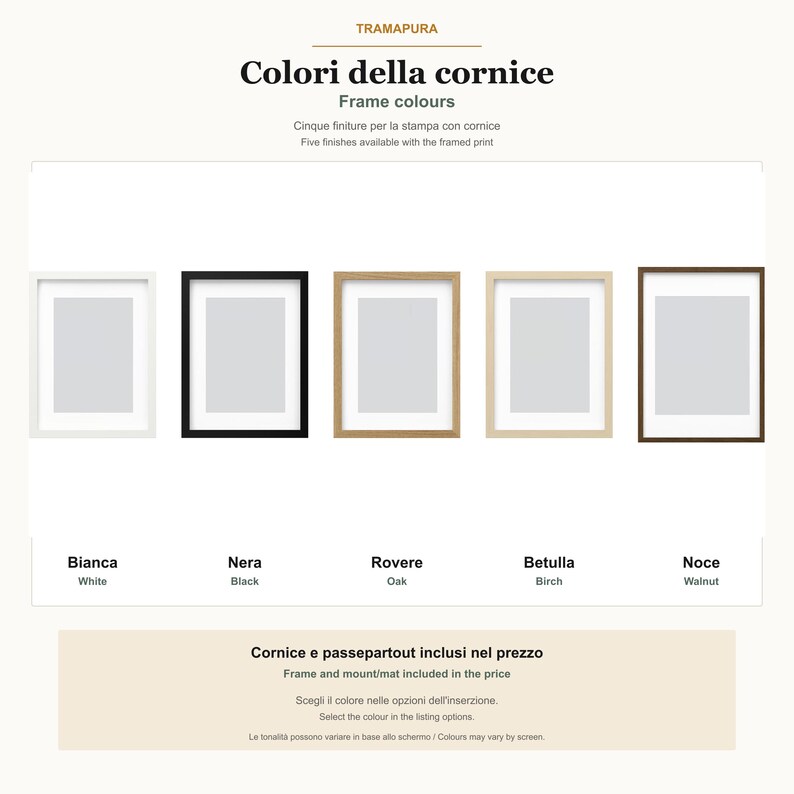 Peut inclure: Un affichage de cinq cadres photo rectangulaires avec passe-partout blanc, &eacute;tiquet&eacute;s TRAMAPURA, Colori della cornice, Frame colours. Les cadres sont disponibles en finitions blanc, noir, ch&ecirc;ne, bouleau et noyer, avec texte incluant cadre et passe-partout.