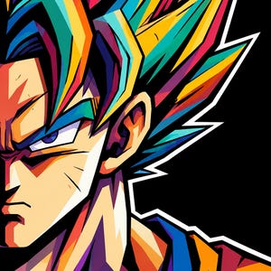 Op de afbeelding: Een levendige pop-art illustratie van een personage met stekelig haar, met gedurfde blokken geel, blauwgroen, oranje en paars tegen een effen zwarte achtergrond. Het personage heeft een serieuze uitdrukking met scherpe gelaatstrekken.