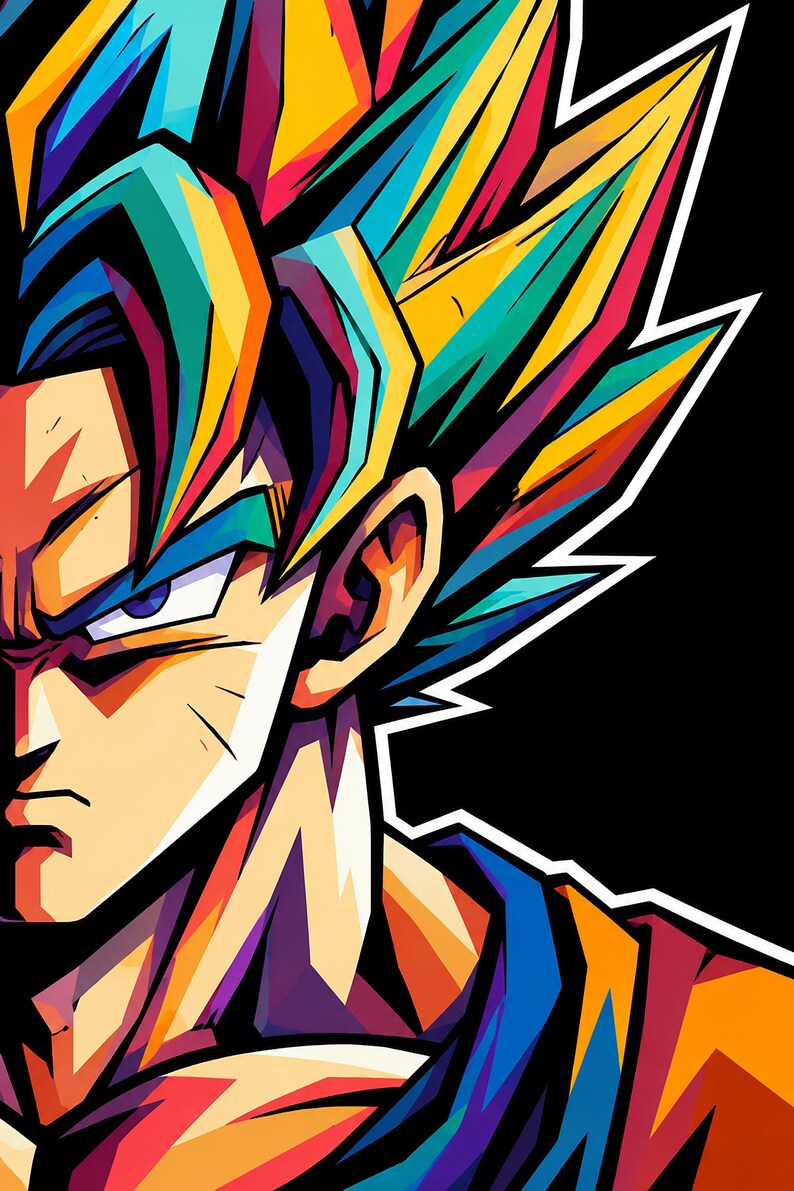 Op de afbeelding: Een levendige pop-art illustratie van een personage met stekelig haar, met gedurfde blokken geel, blauwgroen, oranje en paars tegen een effen zwarte achtergrond. Het personage heeft een serieuze uitdrukking met scherpe gelaatstrekken.