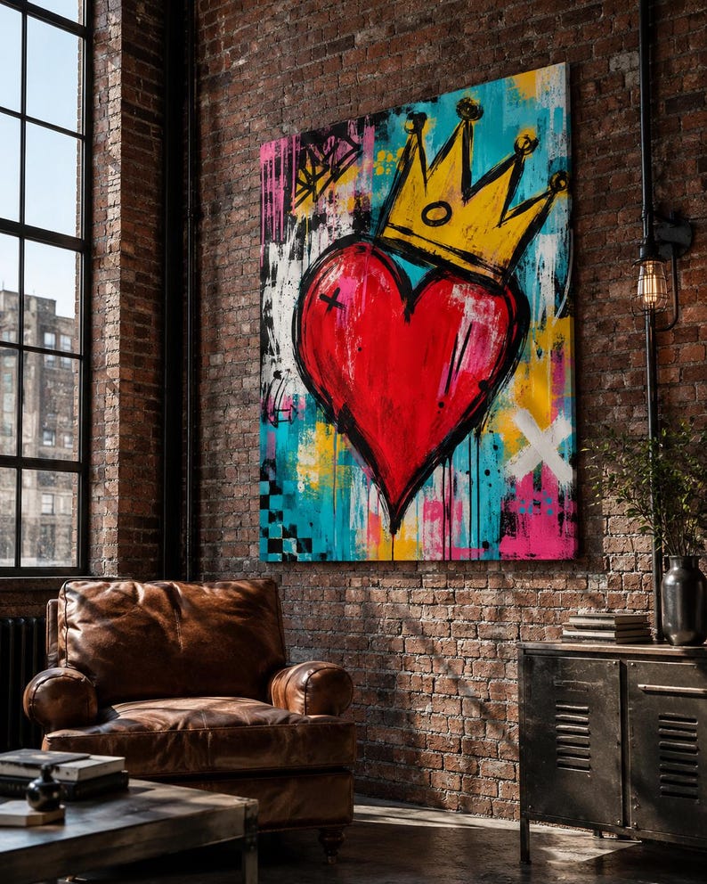 May include: A large rectangular canvas painting featuring a vibrant red heart centered with a bold yellow crown on top. The background is a mix of bright blue, yellow, and pink paint splatters with black brushstrokes and geometric patterns.