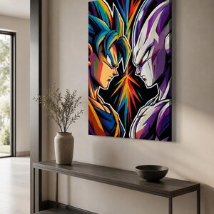 Peut inclure: Une toile murale rectangulaire pr&eacute;sentant une illustration stylis&eacute;e et vibrante de deux personnages d'anime se faisant face de profil. Le personnage de gauche a des cheveux bleus et des v&ecirc;tements orange, tandis que celui de droite est violet et blanc. Un motif d'&eacute;toile color&eacute; se trouve entre eux sur un fond noir.