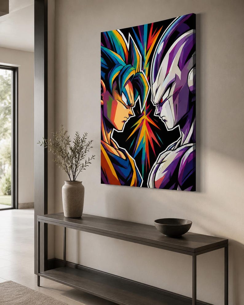 Peut inclure: Une toile murale rectangulaire pr&eacute;sentant une illustration stylis&eacute;e et vibrante de deux personnages d'anime se faisant face de profil. Le personnage de gauche a des cheveux bleus et des v&ecirc;tements orange, tandis que celui de droite est violet et blanc. Un motif d'&eacute;toile color&eacute; se trouve entre eux sur un fond noir.