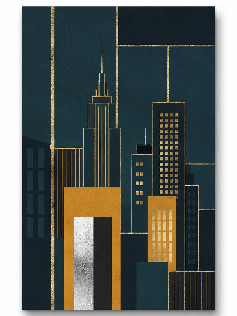 Puede incluir: Una impresi&oacute;n de arte mural vertical que representa un horizonte urbano estilizado de noche. La composici&oacute;n presenta edificios de color verde azulado oscuro acentuados con finas l&iacute;neas doradas, una estructura rectangular.