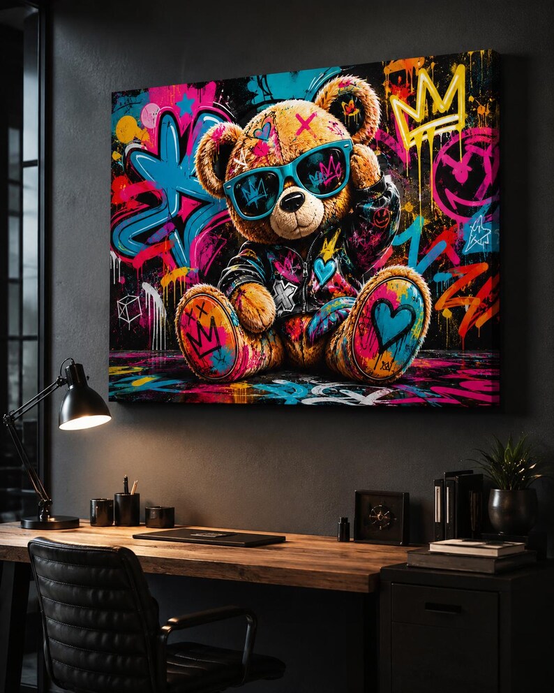 May include: A rectangular canvas wall art print featuring a brown teddy bear wearing blue sunglasses and a dark jacket. The bear is surrounded by vibrant graffiti-style street art including neon pink, blue, and yellow hearts, stars, and crowns.