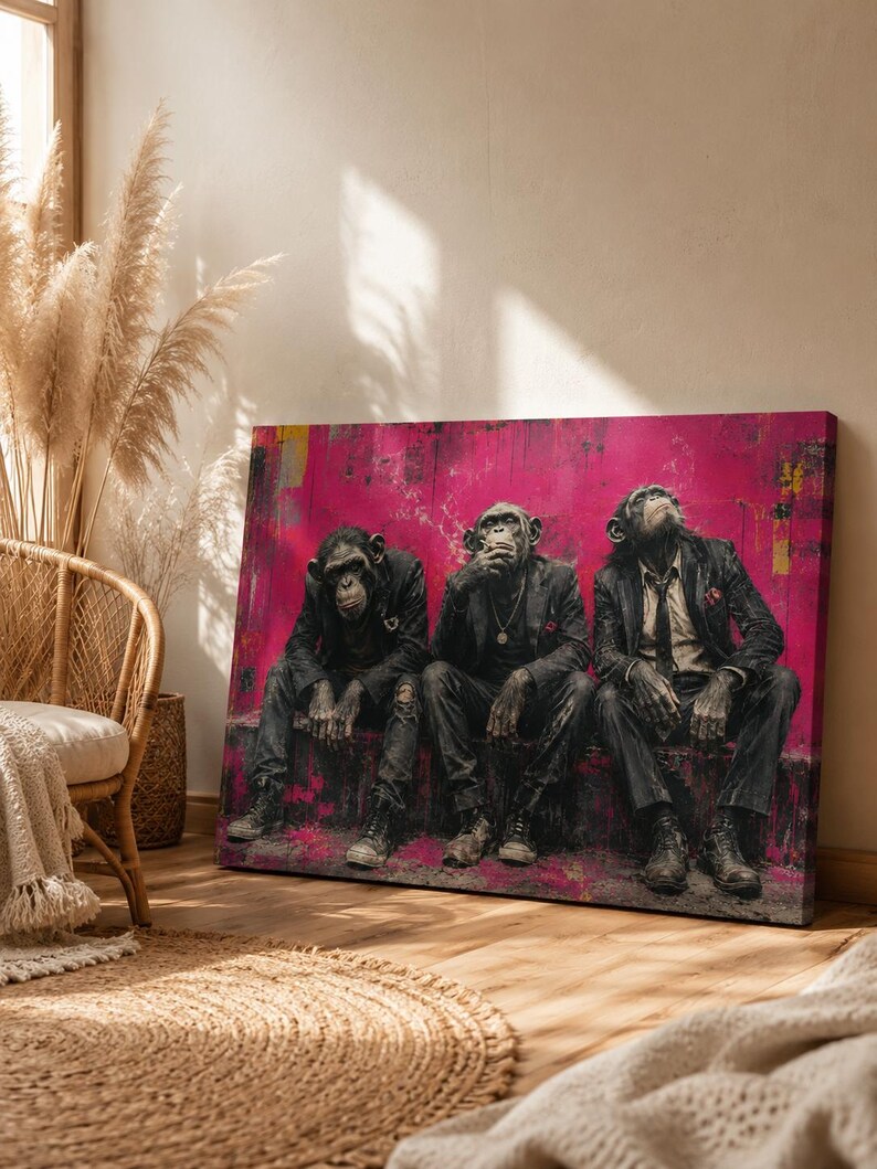 Puede incluir: Un lienzo rectangular que muestra a tres chimpanc&eacute;s vestidos con trajes oscuros y corbatas, sentados uno al lado del otro sobre un fondo magenta vibrante y desgastado. Los chimpanc&eacute;s est&aacute;n representados con un estilo realista y formal.