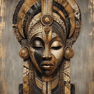 Puede incluir: Una m&aacute;scara decorativa de pared que presenta un rostro sim&eacute;trico con ojos cerrados y labios carnosos, en una paleta de oro met&aacute;lico, negro y gris. El dise&ntilde;o incorpora intrincados patrones tipo mosaico, adornos circulares en las orejas y un tocado alto.