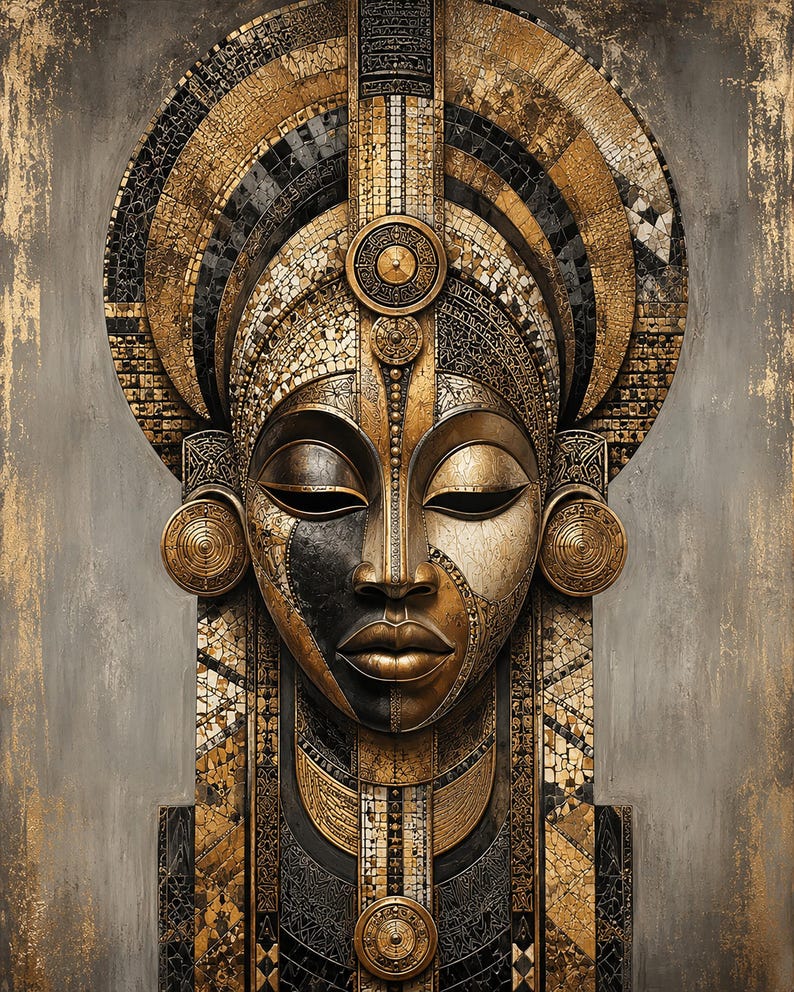 Puede incluir: Una m&aacute;scara decorativa de pared que presenta un rostro sim&eacute;trico con ojos cerrados y labios carnosos, en una paleta de oro met&aacute;lico, negro y gris. El dise&ntilde;o incorpora intrincados patrones tipo mosaico, adornos circulares en las orejas y un tocado alto.