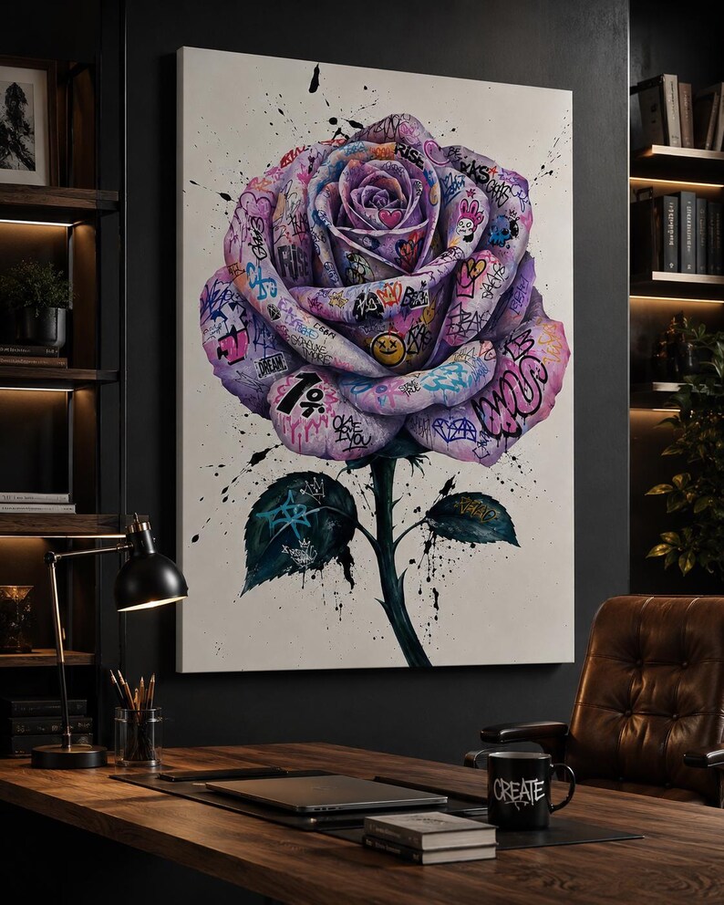 Puede incluir: Un lienzo rectangular para pared que presenta una gran rosa morada central cubierta con etiquetas, s&iacute;mbolos y texto coloridos al estilo grafiti. La obra incluye salpicaduras de pintura negra sobre un fondo blanco, con un tallo y hojas de color verde oscuro.