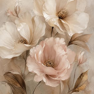 May include: A painting featuring three large, layered flowers in shades of cream, pale pink, and soft beige. The petals have delicate, visible brushstrokes, and the centers are textured with gold accents. Slender stems and leaves in muted brown and gold tones extend from the base, set against a textured, neutral-colored background.