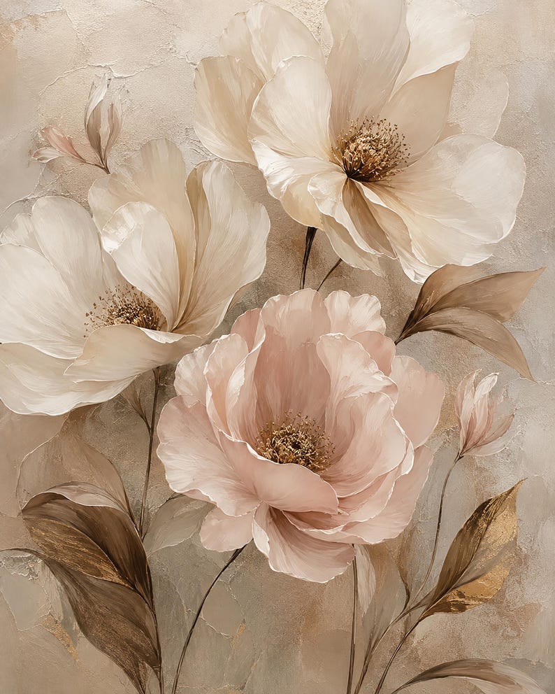 May include: A painting featuring three large, layered flowers in shades of cream, pale pink, and soft beige. The petals have delicate, visible brushstrokes, and the centers are textured with gold accents. Slender stems and leaves in muted brown and gold tones extend from the base, set against a textured, neutral-colored background.