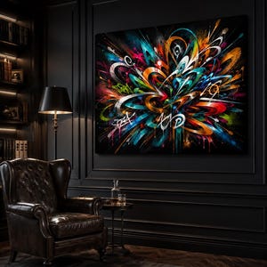 May include: A large rectangular canvas painting featuring an abstract explosion of vibrant colors including teal, orange, red, and white against a deep black background. The composition displays dynamic, swirling brushstrokes and graffiti-style lines.
