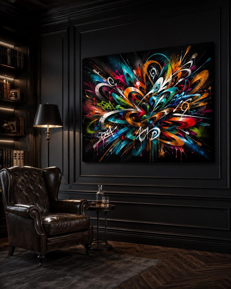 May include: A large rectangular canvas painting featuring an abstract explosion of vibrant colors including teal, orange, red, and white against a deep black background. The composition displays dynamic, swirling brushstrokes and graffiti-style lines.