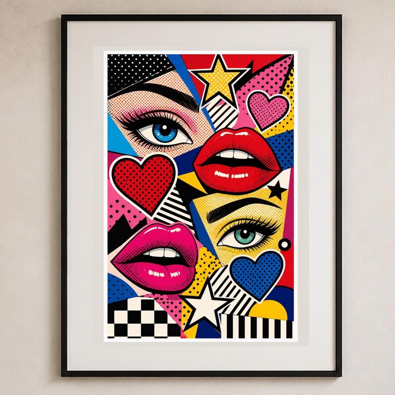 Peut inclure: Une impression d'art pop encadr&eacute;e pr&eacute;sentant un collage de deux yeux bleus et verts, de l&egrave;vres rouges et roses, de c&oelig;urs et d'&eacute;toiles. La composition utilise des couleurs vives, des contours noirs et des points Ben-Day dans un style graphique.