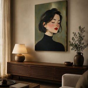 Puede incluir: Una impresi&oacute;n de arte mural vertical que muestra el retrato de una persona con cabello oscuro corto, vistiendo un su&eacute;ter de cuello alto negro. El sujeto tiene los ojos cerrados, mejillas sonrosadas y labios rojos brillantes sobre un fondo verde oliva.