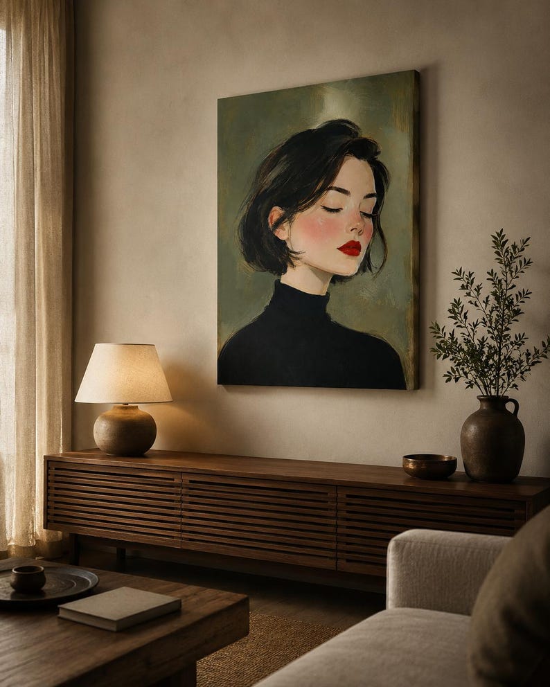 Puede incluir: Una impresi&oacute;n de arte mural vertical que muestra el retrato de una persona con cabello oscuro corto, vistiendo un su&eacute;ter de cuello alto negro. El sujeto tiene los ojos cerrados, mejillas sonrosadas y labios rojos brillantes sobre un fondo verde oliva.