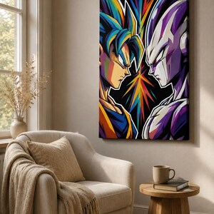 Peut inclure: Une impression sur toile verticale repr&eacute;sentant une illustration stylis&eacute;e et color&eacute;e de deux personnages d'anime se faisant face de profil. Le personnage de gauche a les cheveux bleus, tandis que celui de droite est violet et blanc.