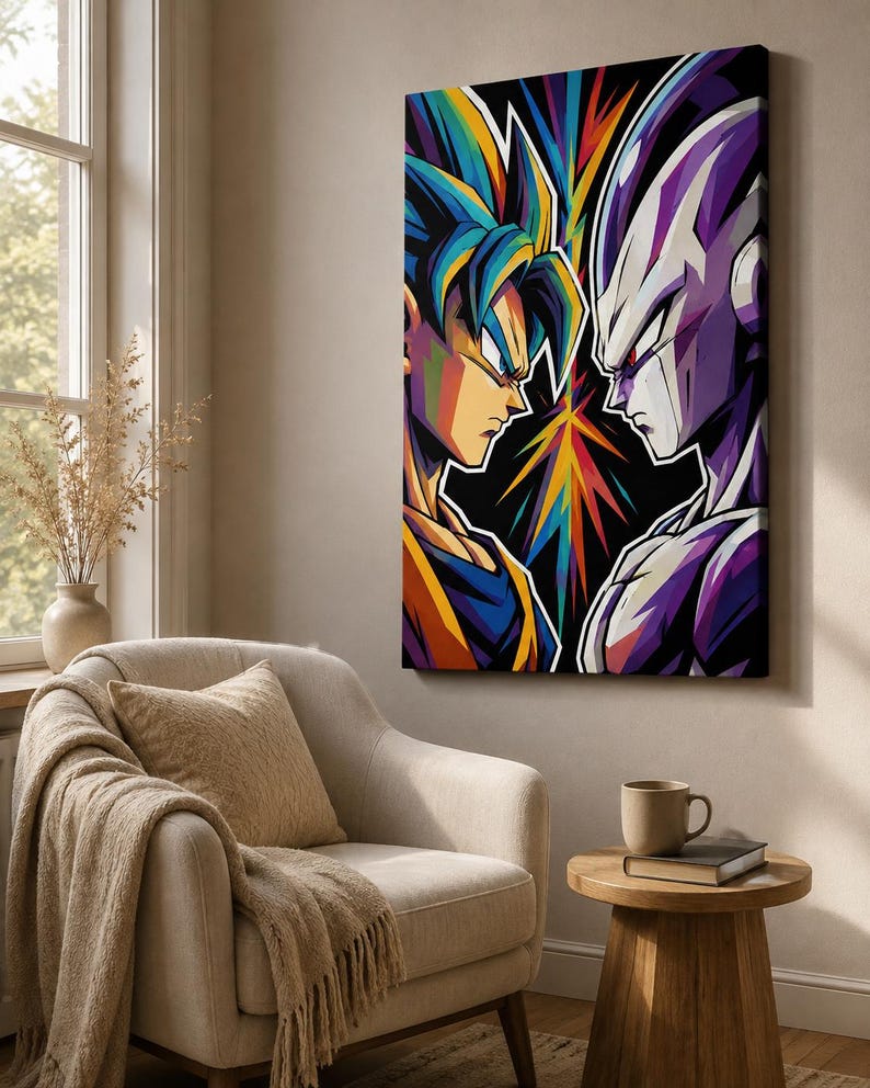 Peut inclure: Une impression sur toile verticale repr&eacute;sentant une illustration stylis&eacute;e et color&eacute;e de deux personnages d'anime se faisant face de profil. Le personnage de gauche a les cheveux bleus, tandis que celui de droite est violet et blanc.