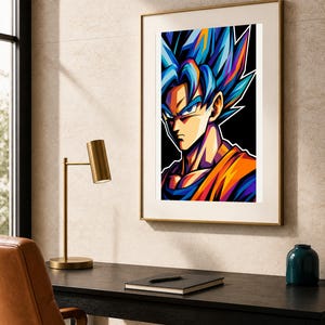 May include: A framed vertical wall art print featuring a stylized graphic illustration of a character with spiky blue hair, sharp facial features, and an orange and blue outfit set against a solid black background with vibrant color accents.
