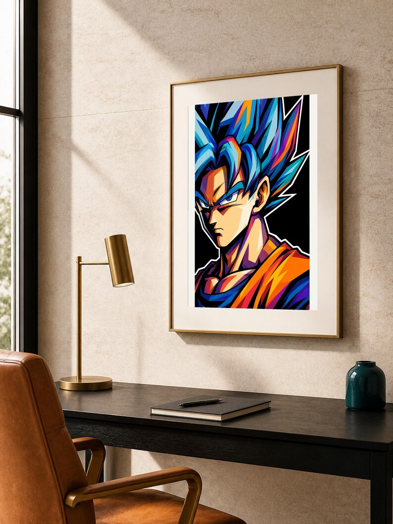 May include: A framed vertical wall art print featuring a stylized graphic illustration of a character with spiky blue hair, sharp facial features, and an orange and blue outfit set against a solid black background with vibrant color accents.