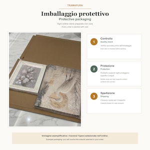 Puede incluir: Una caja de env&iacute;o de cart&oacute;n marr&oacute;n que contiene dos obras de arte rectangulares enmarcadas envueltas en pl&aacute;stico protector transparente. El texto TRAMAPURA, Imballaggio protettivo, Protective packaging, Controllo, Quality check, Protezione, Protection y Spedizione es visible.