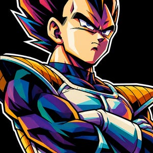 May include: A stylized illustration of the character Vegeta with spiky hair, wearing blue and gold battle armor with white gloves and chest plating. The character is depicted with arms crossed, featuring vibrant, multi-colored shading throughout.