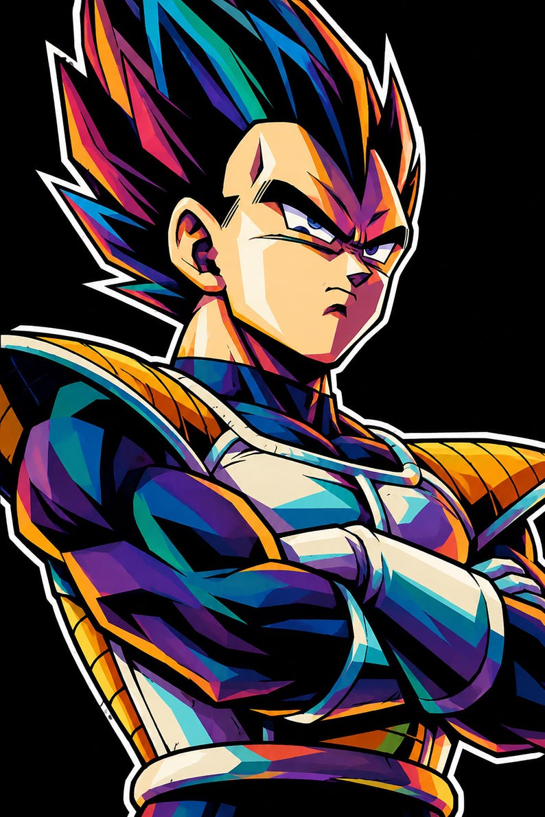 May include: A stylized illustration of the character Vegeta with spiky hair, wearing blue and gold battle armor with white gloves and chest plating. The character is depicted with arms crossed, featuring vibrant, multi-colored shading throughout.