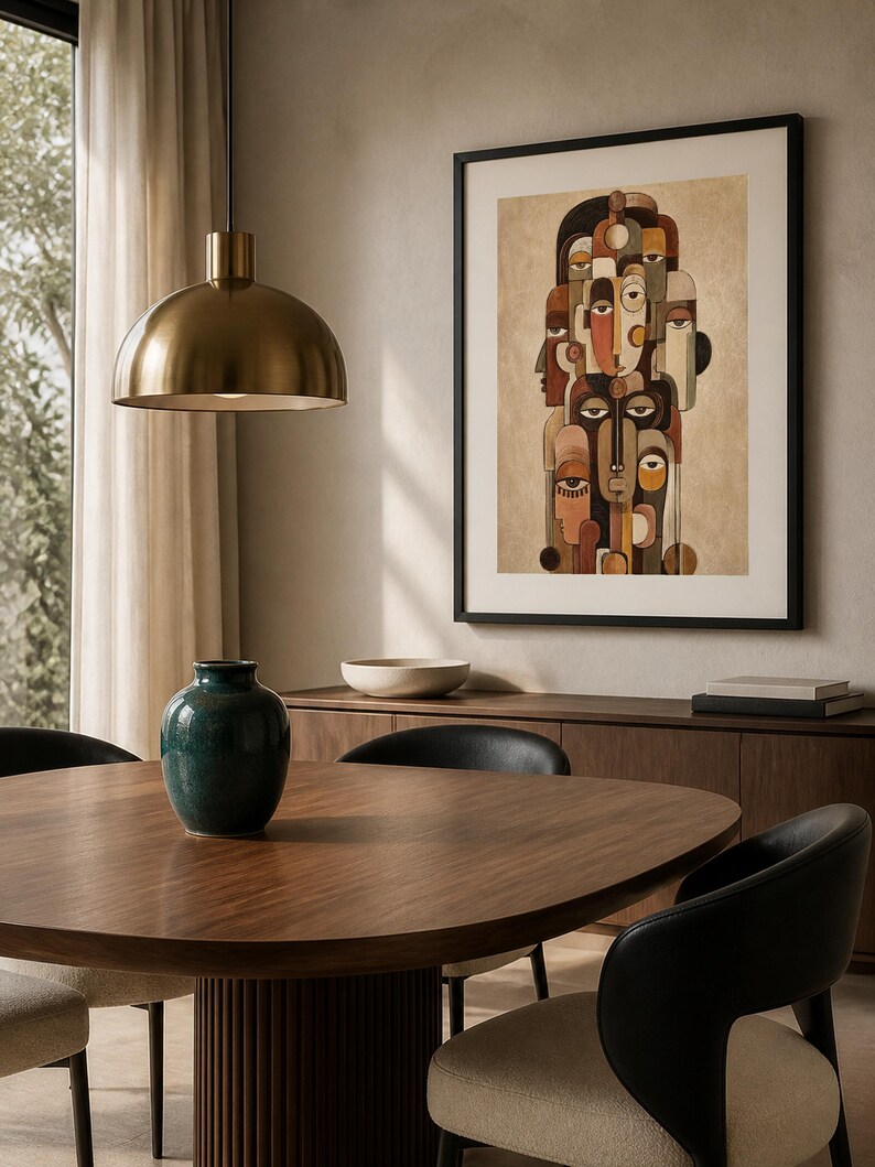 Pu&ograve; includere: Una stampa d'arte incorniciata che presenta una disposizione verticale di volti astratti e stilizzati in tonalit&agrave; marrone, beige e crema. L'opera &egrave; racchiusa in una sottile cornice nera ed esposta su una parete neutra sopra una credenza in legno.