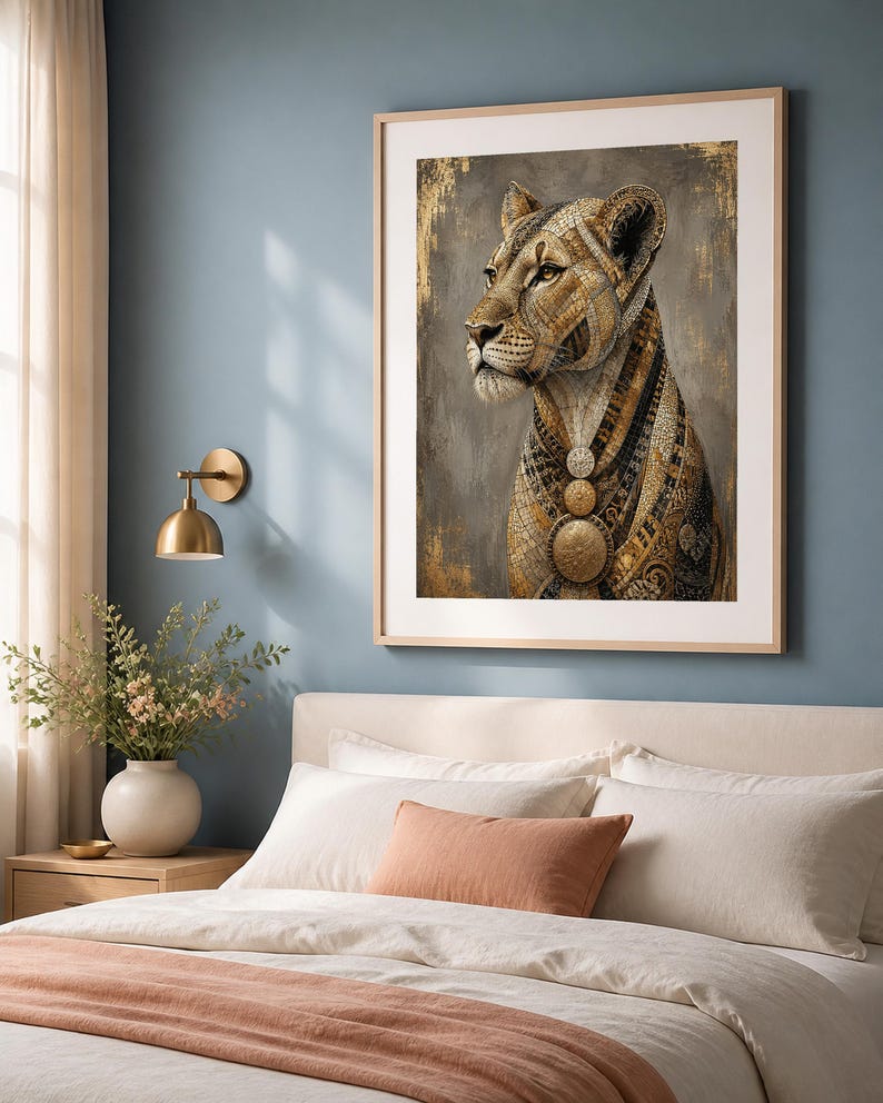 May include: A framed wall art print featuring a stylized lioness in profile. The lioness has intricate gold, brown, and black geometric patterns on its fur and wears three circular gold medallions around its neck against a textured gray background.