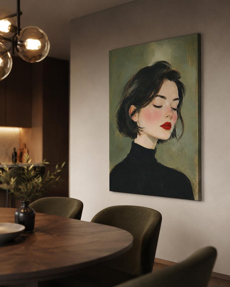Puede incluir: Una impresi&oacute;n de arte mural rectangular que muestra el retrato de una persona con cabello corto y oscuro, vistiendo un su&eacute;ter de cuello alto negro. El sujeto tiene los ojos cerrados, mejillas sonrosadas y labios rojos sobre un fondo verde oliva.