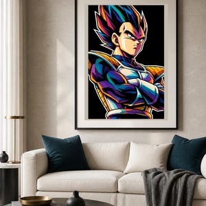 May include: A framed wall art print featuring a stylized, colorful illustration of a character with spiky dark hair, wearing blue and gold armor with arms crossed. The character has a stern expression and is set against a solid black background.