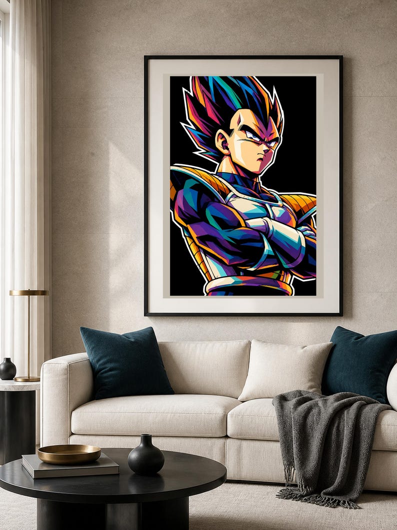 May include: A framed wall art print featuring a stylized, colorful illustration of a character with spiky dark hair, wearing blue and gold armor with arms crossed. The character has a stern expression and is set against a solid black background.
