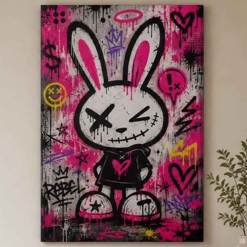 May include: A rectangular canvas print featuring a stylized white rabbit character with long ears, wearing a black hoodie with a pink heart. The background is a vibrant mix of pink, black, and white paint splatters, graffiti symbols, and the word REBEL.
