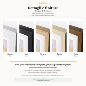 May include: A display of five rectangular picture frames labeled TRAMAPURA, showing various finishes including white, black, oak, birch, and walnut. Each frame features a mitered corner design and a white mat board surrounding a central print.