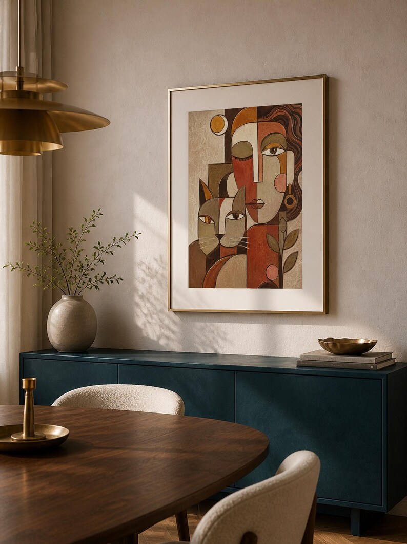 May include: A framed wall art print featuring a stylized cubist-inspired portrait of a person and a cat. The artwork uses a warm color palette of terracotta, beige, and brown tones, with geometric shapes forming the faces and figures.