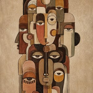 Pu&ograve; includere: Un'opera d'arte murale verticale che presenta una composizione astratta e stratificata di molteplici volti umani. L'opera utilizza una tavolozza di toni terrosi tra cui marrone, beige, crema e arancione tenue, con contorni scuri definiti.