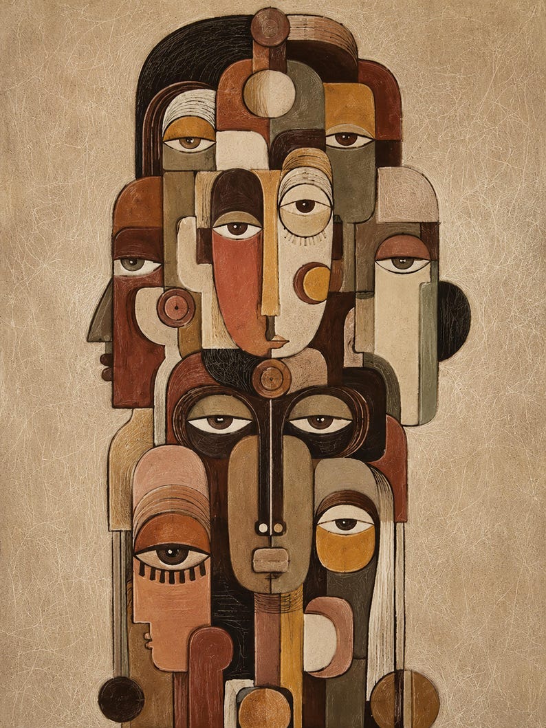 Pu&ograve; includere: Un'opera d'arte murale verticale che presenta una composizione astratta e stratificata di molteplici volti umani. L'opera utilizza una tavolozza di toni terrosi tra cui marrone, beige, crema e arancione tenue, con contorni scuri definiti.