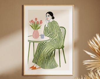 Siedząca kobieta z tulipanami - elegancki ilustrowany nadruk ścienny