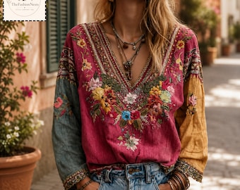 Boho Printed V-Neck Blouse | Ethnic Floral Linen Top | Vintage Hippie Chic Tunic