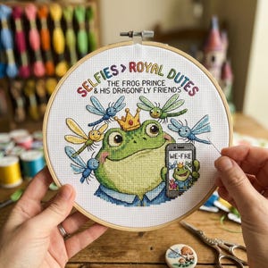 Frog Prince Cross Stitch Pattern, Watercolor, Royal Dragonfly Friends (Digital Download)