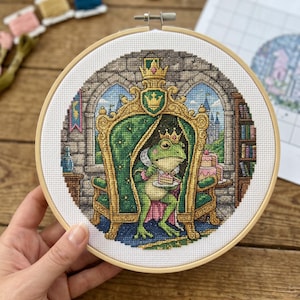 Frog King Cross Stitch Pattern, Watercolor Castle Embroidery (Digital Download)